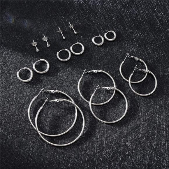 Silver Hoop & Stud Earring Set – 8 -Pair Classic Jewelry Collection Minimalist - Picture 4 of 7